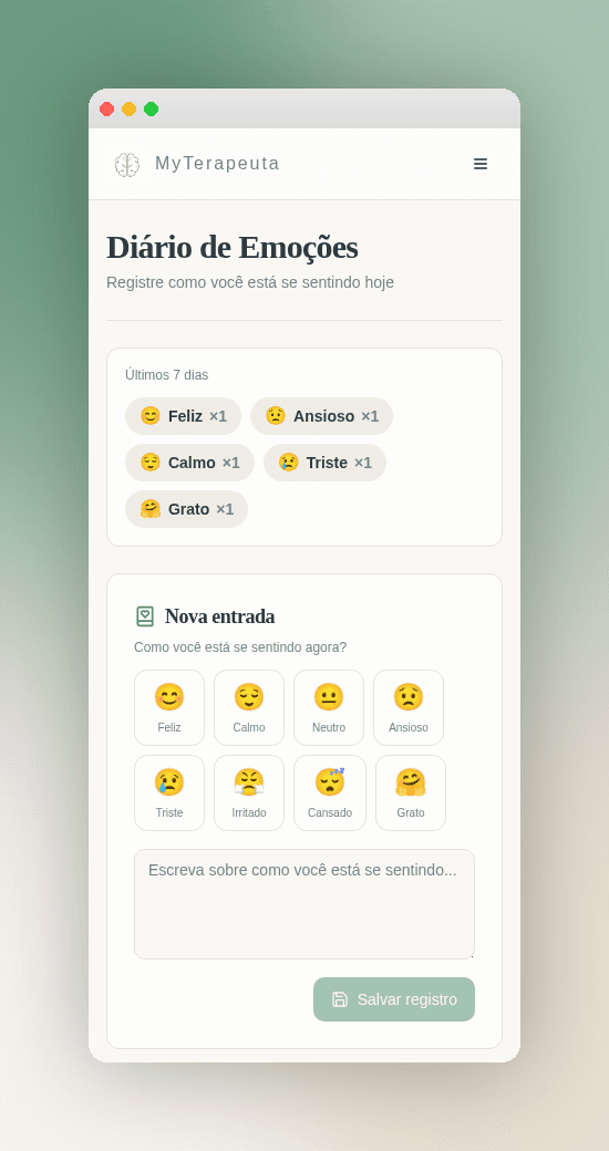 Tela de diário de emoções no app do paciente.