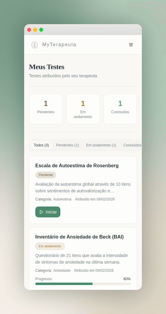 Tela de testes de autoanálise no app do paciente.
